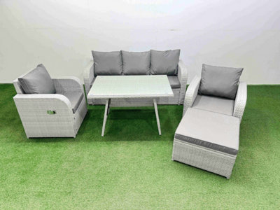 Fimous Reclining Chair 3 Seat Sofa Set Garden Furniture Set With Rectangular Dining Table Big Footstool Light/Grey