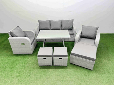 Fimous Reclining Chair 3 Seat Sofa Set Garden Furniture Set With Rectangular Dining Table 3 Footstools Light/Grey