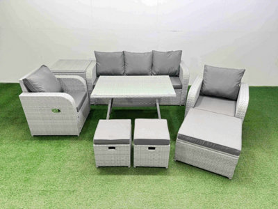 Fimous Reclining Chair 3 Seat Sofa Set Garden Furniture Set With Rectangular Dining Table Side Table 3 Footstools Light/Grey