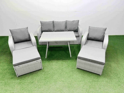 Fimous Reclining Chair 3 Seat Sofa Set Garden Furniture Set With Rectangular Dining Table 2 Big Footstools Light/Grey