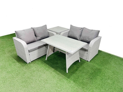 B&Q -  4 Seat Outdoor Love Sofa Set Rattan Garden Furniture Set With Rectangular Dining Table Side Table Light Grey