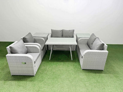 B&Q -  6 Seater Rattan Garden Furniture Set Outdoor Love Sofa Set With Rectangular Dining Table 2 Side Tables Light Grey