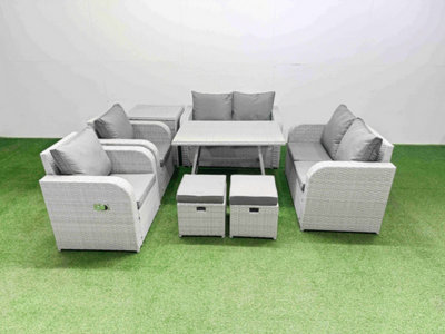 B&Q -  8 Seater Rattan Garden Furniture Set Outdoor Love Sofa Set With Dining Table Side Table 2 Small Footstools Light Grey