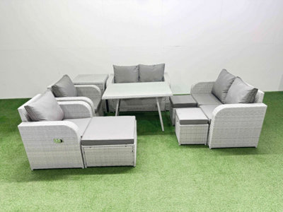 B&Q -  9 Seater Rattan Garden Furniture Set Outdoor Love Sofa Set With Dining Table Side Table 3 Footstools Light Grey