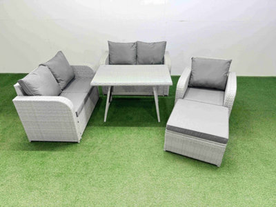 Fimous 6 Seater Outdoor Rattan Garden Furniture Set With Rectangular Dining Table Big Footstool Light/Grey