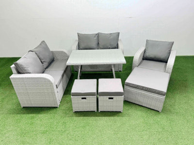 Fimous 8 Seater Outdoor Rattan Garden Furniture Set With Rectangular Dining Table 3 Footstools Light/Grey