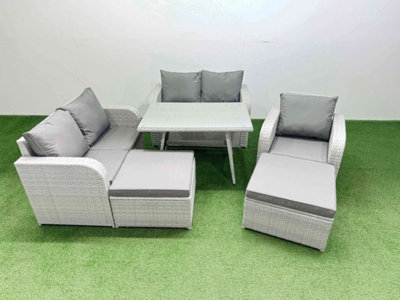Fimous 7 Seater Outdoor Rattan Garden Furniture Set With Rectangular Dining Table 2 Big Footstools Light/Grey