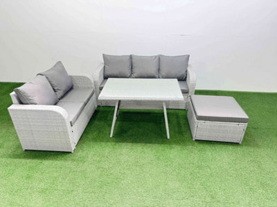 Fimous Outdoor Pe Rattan Garden Furniture Set Rectangular Dining Table Sofa Set With Big Stool Light/Grey