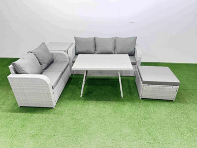 Fimous Outdoor Pe Rattan Garden Furniture Set Rectangular Dining Table Sofa Set With Big Stool Side Table Light/Grey