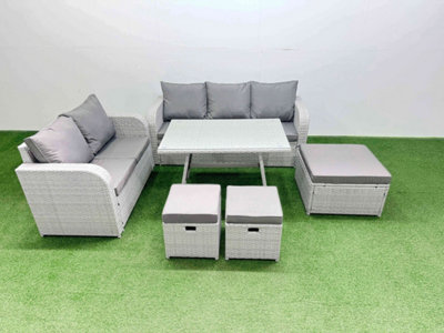 Fimous Outdoor Pe Rattan Garden Furniture Set Rectangular Dining Table Sofa Set With 3 Stool Light/Grey