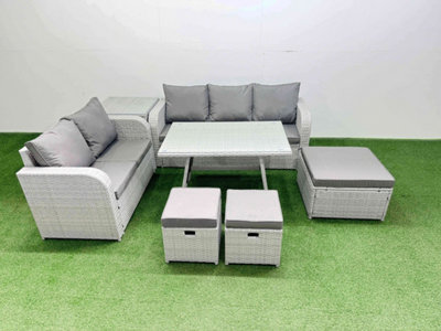 B&Q -  Outdoor Pe Rattan Garden Furniture Set Rectangular Dining Table Sofa Set With 3 Stool Side Table Light Grey