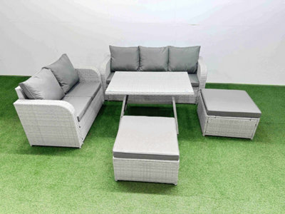 Fimous Outdoor Pe Rattan Garden Furniture Set Rectangular Dining Table Sofa Set With 2 Big Stool Light/Grey