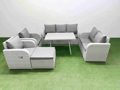 Fimous Pe Rattan Garden Furniture Set Outdoor Rectangular Dining Table Sofa Set With Reclining Chair Big Stool Light/Grey