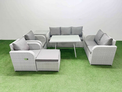 Fimous Pe Rattan Garden Furniture Set Outdoor Rectangular Dining Table Sofa Set With Reclining Chair Big Stool Side Table