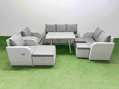 Fimous Pe Rattan Garden Furniture Set Outdoor Rectangular Dining Table Sofa Set With Reclining Chair 3 Stool Light/Grey