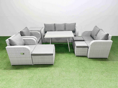 Fimous Pe Rattan Garden Furniture Set Outdoor Rectangular Dining Table Sofa Set With Reclining Chair 3 Stool Side Table