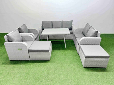 B&Q -  Pe Rattan Garden Furniture Set Outdoor Rectangular Dining Table Sofa Set With Reclining Chair 2 Big Stool Light Grey