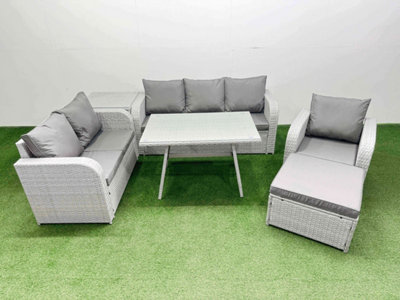 Fimous Rattan High Back Lounge Sofa Set Patio Dining Table & Chairs Set With Side Table Big Stool Light Grey from B&Q