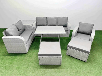Fimous Rattan High Back Lounge Sofa Set Patio Dining Table & Chairs Set With Side Table 2 Big Stool Light Grey from B&Q
