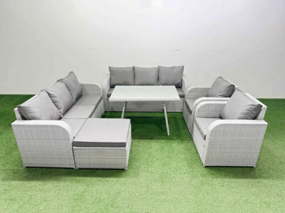 Fimous Rattan High Back Lounge Sofa Set Patio Dining Table & Chairs Set With Big Stool Light Grey from B&Q