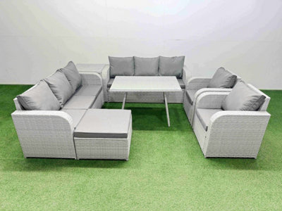 Fimous Light/Grey Rattan High Back Lounge Sofa Set Patio Dining Table & Chairs Set With Side Table Big Stool