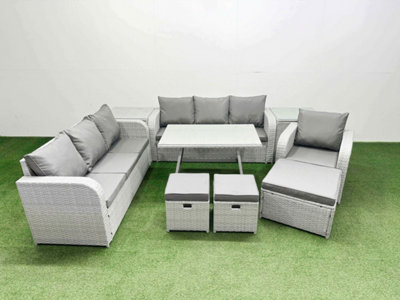 B&Q -  9 Pieces Outdoor Pe Rattan Garden Furniture With Cushions Reclining Chair 2 Side Tables 3 Stool Light Grey