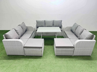 B&Q -  11 Seat Outdoor Pe Rattan Garden Furniture With Cushions 3 Seater Sofa 2 Big Stools Light Grey