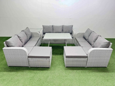 B&Q -  11 Seat Outdoor Pe Rattan Garden Furniture With Cushions 3 Seater Sofa Side Table 2 Big Stools Light Grey