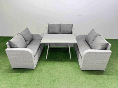 Fimous Rattan Garden Furniture Dining Set 6-Seater Patio Rectangular Table Love Sofa Set