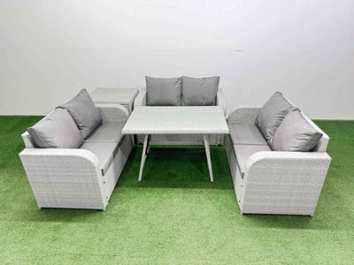 Fimous Rattan Garden Furniture Dining Set 6-Seater Patio Rectangular Table Love Sofa Set With Side Table