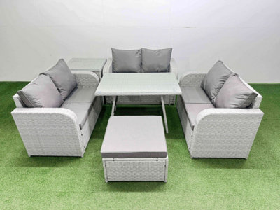 Fimous Rattan Garden Furniture Dining Set 7-Seater Patio Rectangular Table Love Sofa Set With Side Table Big Stool