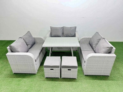 Fimous Rattan Garden Furniture Dining Set 8-Seater Patio Rectangular Table Love Sofa Set With 2 Stools Small