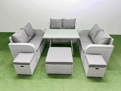 Fimous Rattan Garden Furniture Dining Set 9-Seater Patio Rectangular Table Love Sofa Set With 3 Stools