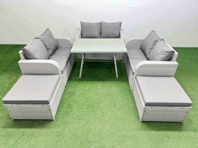 Fimous Rattan Garden Furniture Dining Set 8-Seater Patio Rectangular Table Love Sofa Set With 2 Big Stools