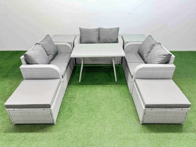 B&Q -  Rattan Garden Furniture Dining Set 8-Seater Patio Rectangular Table Love Sofa Set With 2 Side Tables 2 Big Stools