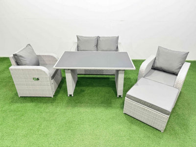 B&Q -  Outdoor Rattan Garden Furniture Dining Set 5-Seater Patio Rectangular Table Love Sofa Reclining Chair Set With Big Stool