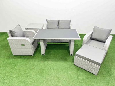 Fimous Outdoor Rattan Garden Furniture Dining Set 5-Seater Reclining Chair Set With Side Table Big Stool