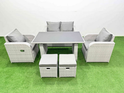 Fimous Outdoor Rattan Garden Furniture Dining Set 6-Seater Reclining Chair Set With 2 Small Stools