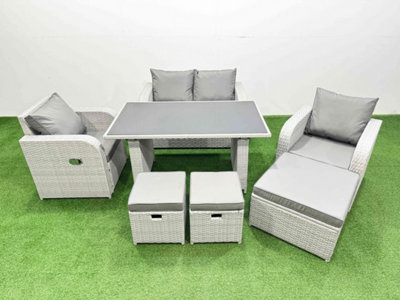 B&Q -  Outdoor Rattan Garden Furniture Dining Set 7-Seater Patio Rectangular Table Love Sofa Reclining Chair Set With 3 Stools