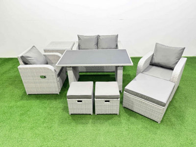 Fimous Outdoor Rattan Garden Furniture Dining Set 7-Seater Reclining Chair Set With Side Table 3 Stools