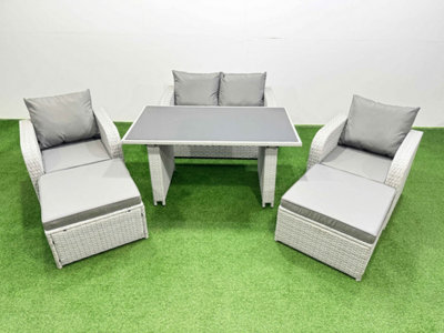 Fimous Outdoor Rattan Garden Furniture Dining Set 6-Seater Reclining Chair Set With 2 Big Stools