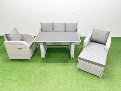 Fimous Outdoor Rattan Garden Furniture Dining Set 6-Seater Patio Rectangular Table 3 Seater Sofa Set With Big Stool