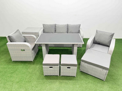 Fimous Outdoor Rattan Garden Furniture Dining Set 8-Seater Patio Rectangular Table 3 Seater Sofa Set With Side Table 3 Stools