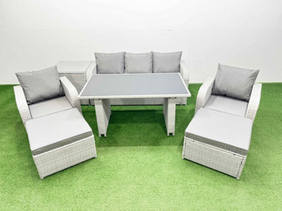 B&Q -  Outdoor Rattan Garden Furniture Dining Set 7-Seater Patio Rectangular Table 3 Seater Sofa Set With Side Table 2 Big Stools