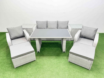 B&Q -  Outdoor Rattan Garden Furniture Dining Set 7-Seater Patio Rectangular Table 3 Seater Sofa Set With 2 Side Tables 2 Stools