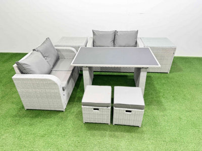 B&Q -  7 Pieces Outdoor Pe Rattan Sofa Set Patio Garden Furniture Sets With Cushions 2 Side Tables 2 Small Stools Light Grey