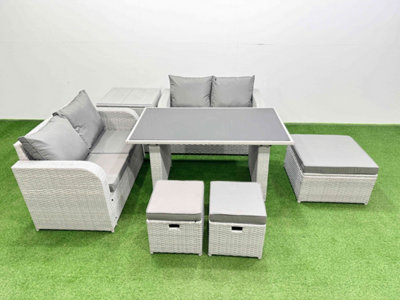 B&Q -  7 Pieces Outdoor Pe Rattan Sofa Set Patio Garden Furniture Sets With Cushions Side Table 3 Stools Light Grey