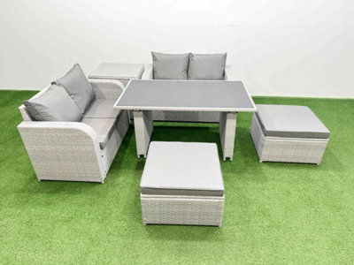B&Q -  6 Pieces Outdoor Pe Rattan Sofa Set Patio Garden Furniture Sets With Cushions Side Table 2 Big Stools Light Grey