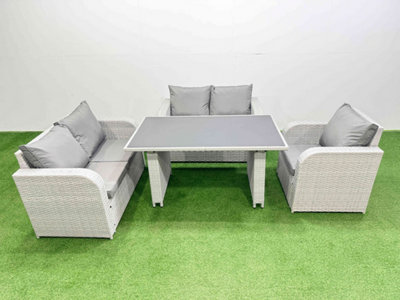 Fimous Rattan Sofa Outdoor Furniture With Dining Table,Love Sofa Patio Furniture 5 Seater Light/Grey