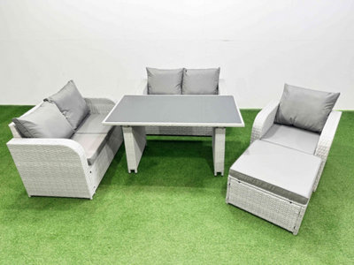 Fimous Rattan Sofa Outdoor Furniture With Dining Table,Love Sofa,Big Stool Patio Furniture 6 Seater Light/Grey